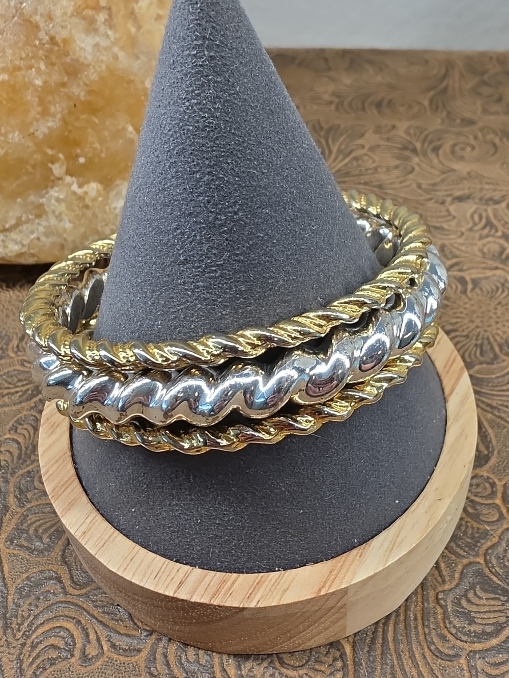 Vintage Two Gold One Silver Heavy Twist Wave Western Bangle Bracelet Set